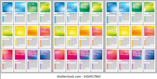 Creative calendar 2020, 2021 and 2022 years with rainbow mesh design and inscription motivation. Weeks starts sunday, editable vector. Classic grid, english language.