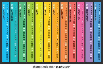 Creative calendar 2020 with rainbow design, saturdays and sundays selected, english language. Multicolored template for web, business, print, postcard, wall, bookmark and banner.