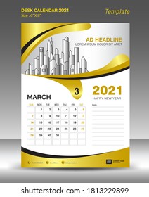 Creative Calendar 2021 template gold background concept, March month, Desk Calendar vector design, Wall calendar