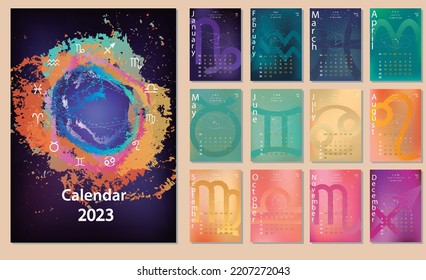 Creative calendar 2023 and zodiac signs (zodiac symbols) made and pretty gradients inspired by stellar nebula from space  Can be used for web  print  card  poster  banner  bookmark 