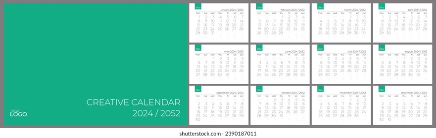 Calendario creativo para 2024 y 2052 años. Sistema gregoriano. La semana comienza el lunes. Plantilla vectorial con lugar para su marca.
