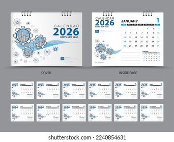 Creative calendar 2026 Set template, Set of 12 Months, desk calendar 2026, Planner, Week starts on Sunday, Stationery design, Wall calendar 2026 template, printing,  machinery cover design, vector