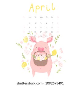 Creative calendar for April with cute pig. Concept, vector vertical editable template. Symbol of the year in the Chinese calendar. Cartoon. Isolated. Vector illustration