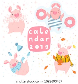 Creative calendar cover 2019 with cute pig. Concept, vector vertical editable template. Symbol of the year in the Chinese calendar. Cartoon. Isolated. Vector illustration