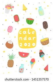 Creative calendar cover 2020 with cute summer elements. Concept, vector vertical editable template. Cartoon. Isolated. Vector illustration