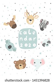 Creative calendar cover 2020 with cute animals. Concept, vector vertical editable template. Cartoon. Isolated. Vector illustration