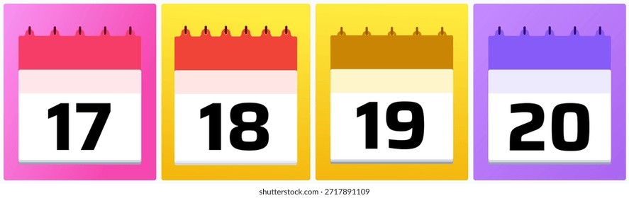 Data do calendário criativo definido 17, 18, 19 e 20 com cores planas divertidas, ideal para planejadores criativos, visuais educativos e gráficos de data modernos