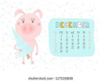 Creative calendar for December 2019 with cute pig. Concept, vector vertical editable template. Symbol of the year in the Chinese calendar. Funny cartoon characters.Vector illustration