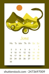 Diseño de calendario creativo para junio con temas abstractos de serpiente y paisaje.