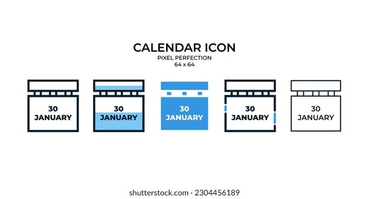 Icono de calendario creativo en una ilustración vectorial de estilo diferente. para web, móvil, ui se pueden utilizar dos iconos de color diseñados con el estilo relleno, contorno, línea y trazo