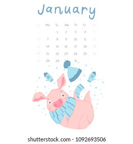 Creative calendar for January with cute pig. Concept, vector vertical editable template. Symbol of the year in the Chinese calendar. Cartoon. Isolated. Vector illustration