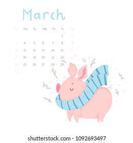 Creative calendar for March with cute pig. Concept, vector vertical editable template. Symbol of the year in the Chinese calendar. Cartoon. Isolated. Vector illustration