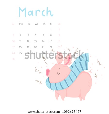 Creative calendar for March with cute pig. Concept, vector vertical editable template. Symbol of the year in the Chinese calendar. Cartoon. Isolated. Vector illustration