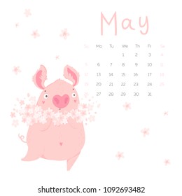 Creative calendar for May with cute pig. Concept, vector vertical editable template. Symbol of the year in the Chinese calendar. Cartoon. Isolated. Vector illustration