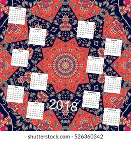 Creative calendar for new 2018 year. Ornamental floral background. Ethnic motifs. Oriental mandala pattern, Vector illustration