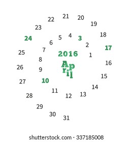 Creative calendar on April 2016 with dates on spiral