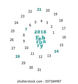 Creative calendar on February 2016 with dates on spiral