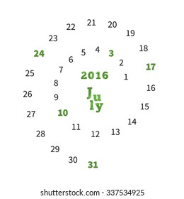 Creative calendar on July 2016 with dates on spiral