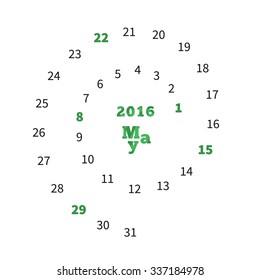 Creative calendar on May 2016 with dates on spiral