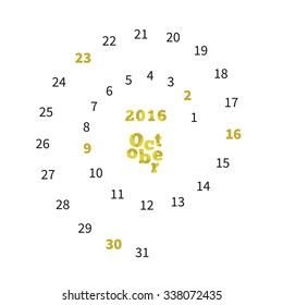 Creative calendar on October 2016 with dates on spiral