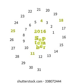 Creative calendar on September 2016 with dates on spiral