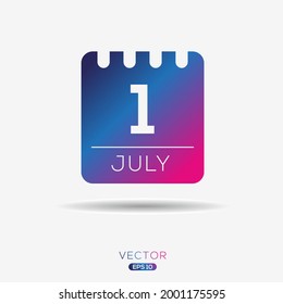 Página de calendario creativo con un solo día (1 de julio), Ilustración vectorial.