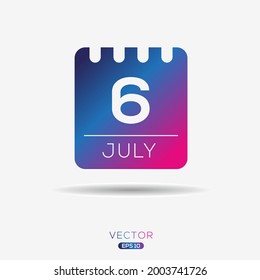 Creative calendar page with single day (6 July), Vector illustration.