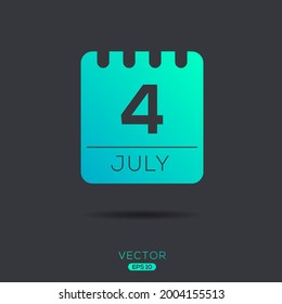 Creative calendar page with single day (4 July), Vector illustration.