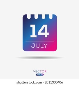 Creative calendar page with single day (14 July), Vector illustration.