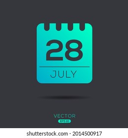 Creative calendar page with single day (28 July), Vector illustration.