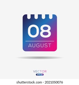 Creative calendar page with single day (8 August), Vector illustration.