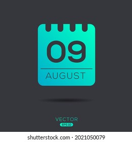 Página de calendario creativo con un solo día (9 de agosto), Ilustración vectorial.