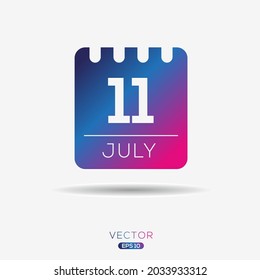 Creative calendar page with single day (11 July), Vector illustration.