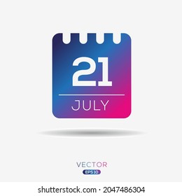 Creative calendar page with single day (21 July), Vector illustration.