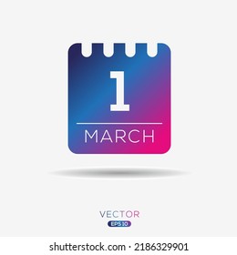 Creative calendar page with single day (1 March), Vector illustration.