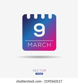 Página de calendario creativo con un solo día (9 de marzo), Ilustración vectorial.