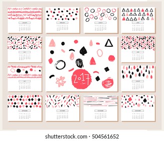 Creative Calendar Planner for 2017 Year. Hand drawn Texture. Set of 12 Months.  Calendar for 2017. Vector template with abstract geometric pattern.  