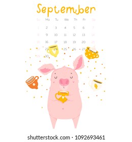Creative calendar for September with cute pig. Concept, vector vertical editable template. Symbol of the year in the Chinese calendar. Cartoon. Isolated. Vector illustration