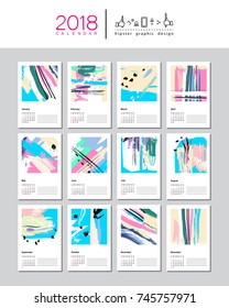 Creative Calendar Template for 2018 year. 
Week starts from Sunday.
Universal floral artistic trendy style with Hand Drawn textures. Collage. 
Vector illustration