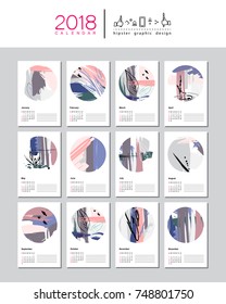 Creative Calendar Template for 2018 year. 
Week starts from Sunday.
Universal floral artistic trendy style with Hand Drawn textures. Collage.
Vector illustration