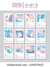 Creative Calendar Template for 2019 year. 
Week starts from Sunday.
Universal floral artistic trendy style with Hand Drawn textures. Collage. Vector illustration