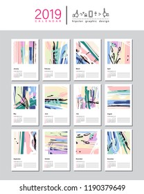 Creative Calendar Template for 2019 year. 
Week starts from Sunday.
Universal floral artistic trendy style with Hand Drawn textures. Collage. Vector illustration