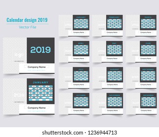 Creative Calender Design. January 2019. Calendar for 2019 Year. Vector Design Print Template with Place for Photo.