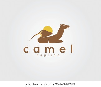 camelo criativo com um corpo em forma de deserto com o sol acima dele design logotipo