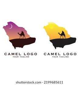 logo creativo de camello con desierto en un mapa árabe con plantilla de eslogan