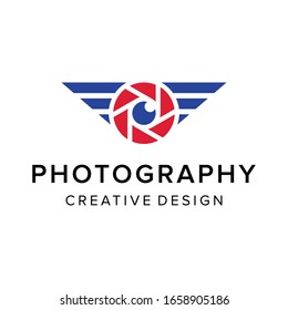 Creative camera eye lens with geometric wings logo design vector