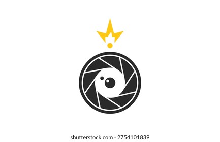 Creative camera lens shutter aperture logo with flash light element. Photography studio, photo capture, video logotype