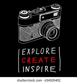 Creative Camera logo for posters, photo exhibition. Hand drawing.