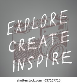 Creative Camera logo for posters, photo exhibition. Hand drawing.
