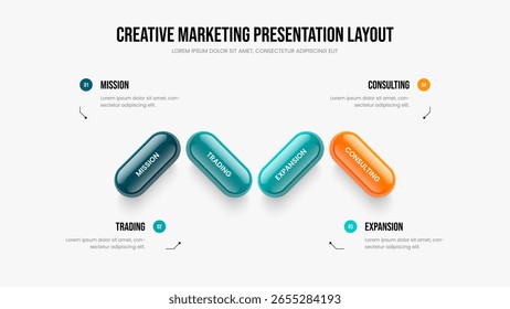 Creative Campaign 4 Element Diagram Slide Layout. Project Proposal Frame Template Vector Illustration. Market Profile Four Step Infographic Slideshow Design.